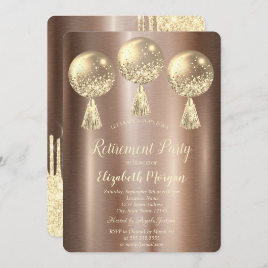 Gold Glitzer Tropfen Balloons Brown Retirement Einladung (Vorne/Hinten)