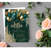 Gold Glitzer Tropfen Balloons Green Sweet 16 Einladung