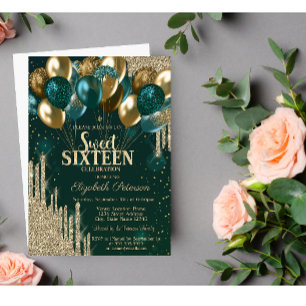 Gold Glitzer Tropfen Balloons Green Sweet 16 Einladung