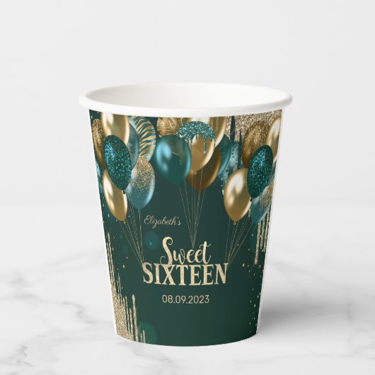 Gold Glitzer Tropfen Balloons Green Sweet 16 Pappbecher (Vorderseite)