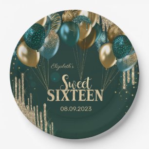 Gold Glitzer Tropfen Balloons Green Sweet 16 Pappteller