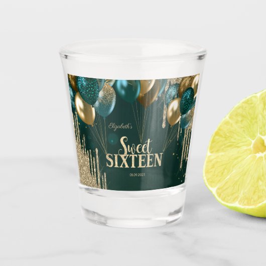 Gold Glitzer Tropfen Balloons Green Sweet 16 Schnapsglas (Vorderseite)
