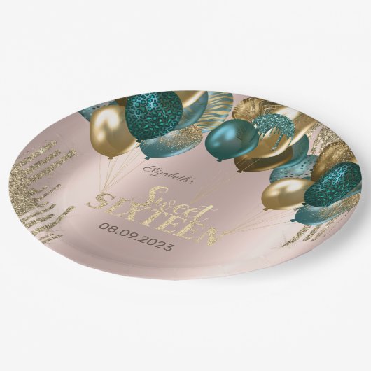 Gold Glitzer Tropfen Balloons Rose Gold Sweet 16 Pappteller (Schrägansicht)