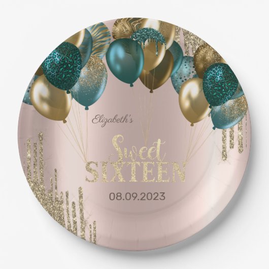 Gold Glitzer Tropfen Balloons Rose Gold Sweet 16 Pappteller (Vorderseite)