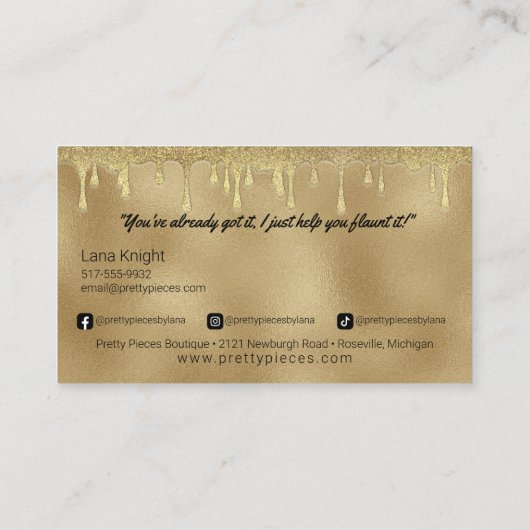 Gold Glitzer Tropfen Bekleidung Boutique oder Schm Visitenkarte (Rückseite)