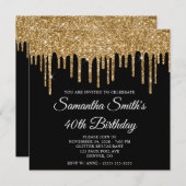 Gold Glitzer Tropfen Black 40. Geburtstag Einladung (Vorne/Hinten)