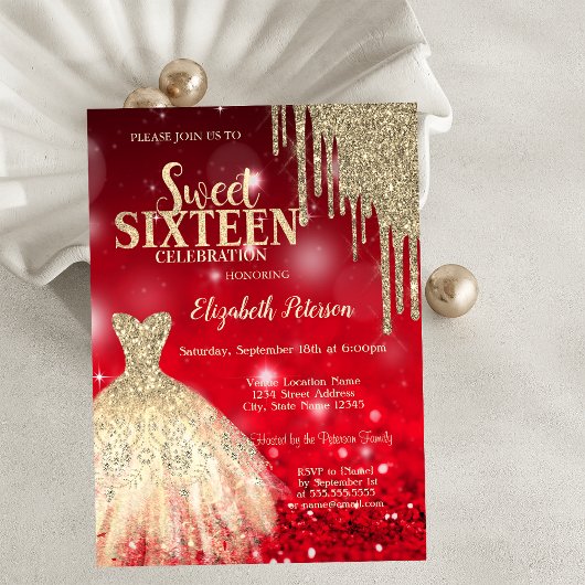 Gold Glitzer Tropfen, Dress Red Bokeh Sweet 16 Einladung