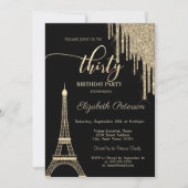 Gold Glitzer Tropfen, Eiffelturm 30. Geburtstag Einladung (Vorderseite)