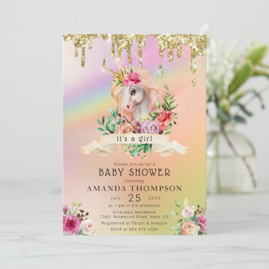Gold Glitzer Tropfen Eine Girl Unicorn Kinderdusch Einladung (Stehend Vorderseite)