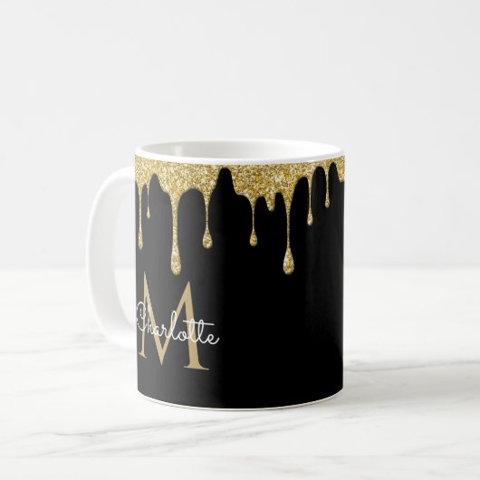 Gold Glitzer Tropfen Elegante Girly Script Monogra Kaffeetasse (Vorderseite Links)