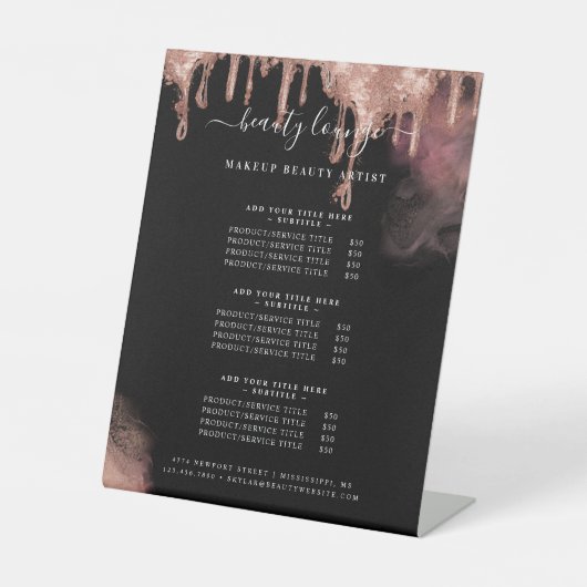 Gold Glitzer Tropfen Glam Makeuty Service List Sockelschild (Vorderseite)