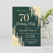 Gold Glitzer Tropfen Green 70. Geburtstag Einladung (Stehend Vorderseite)