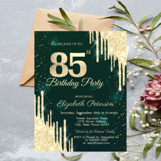 Gold Glitzer Tropfen Green 85. Geburtstag Einladung