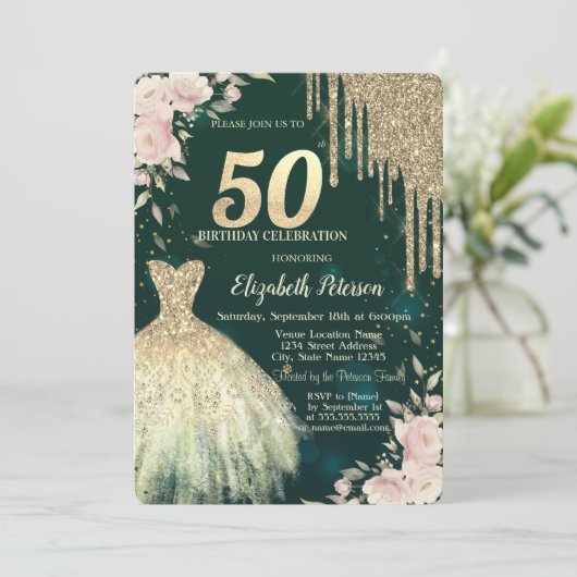 Gold Glitzer Tropfen, Kleid, Blumengrün50. Geburts Einladung (Stehend Vorderseite)