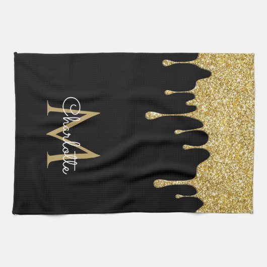 Gold Glitzer Tropfen Monogram Elegante Girly Scrip Geschirrtuch (Horizontal)
