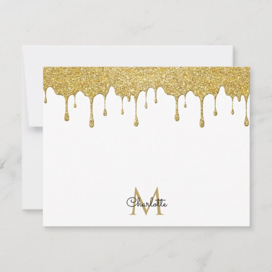Gold Glitzer Tropfen Monogram Elegante Girly Scrip Mitteilungskarte (Vorderseite)