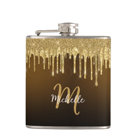 Gold Glitzer Tropfen Monogram Sparkle Niedlich Gir Flachmann (Vorderseite)