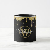 Gold Glitzer Tropfen Monogramm Schwarz Tasse (Zentrum)