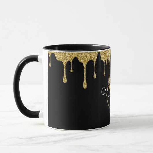 Gold Glitzer Tropfen Monogramm Schwarz Tasse (Links)
