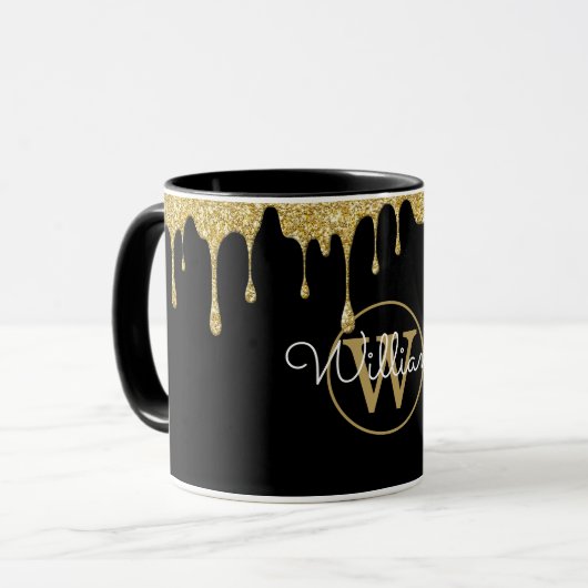 Gold Glitzer Tropfen Monogramm Schwarz Tasse (Vorderseite Links)