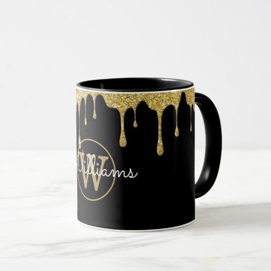 Gold Glitzer Tropfen Monogramm Schwarz Tasse (VorderseiteRechts)