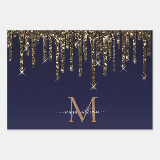 Gold Glitzer Tropfen Personalisiert Monogram Lehre Geschenkpapier Set (Vorderseite 3)