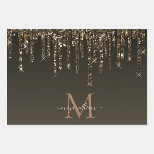 Gold Glitzer Tropfen Personalisiert Monogram Lehre Geschenkpapier Set (Vorderseite)