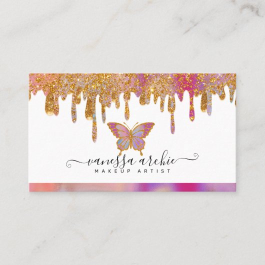 Gold Glitzer Tropfen Rainbow Butterfly Logo Visitenkarte (Vorderseite)
