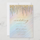Gold Glitzer Tropfen Rainbow Holographic Wedding Einladung (Vorderseite)
