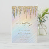 Gold Glitzer Tropfen Rainbow Holographic Wedding Einladung (Stehend Vorderseite)