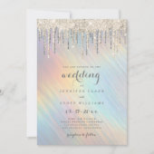 Gold Glitzer Tropfen Rainbow Holographic Wedding Einladung (Vorderseite)