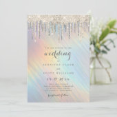 Gold Glitzer Tropfen Rainbow Holographic Wedding Einladung (Stehend Vorderseite)