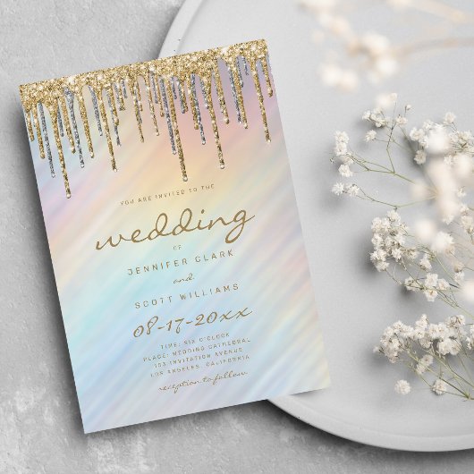 Gold Glitzer Tropfen Rainbow Holographic Wedding Einladung