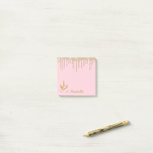 Gold Glitzer Tropfen Rosa Sterne Einhorn Post-it Klebezettel (Auf Schreibtisch)