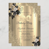 Gold Glitzer Tropfen Schwarze Rose 100. Geburtstag Einladung (Vorne/Hinten)
