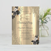 Gold Glitzer Tropfen Schwarze Rose 85. Geburtstag Einladung (Stehend Vorderseite)