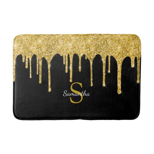 Gold Glitzer Tropfen Sparkle Schwarze Monogramm Na Badematte (Vorderseite)