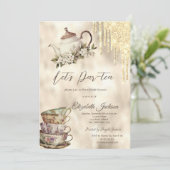 Gold Glitzer Tropfen Tee Set Brautparty Einladung (Stehend Vorderseite)
