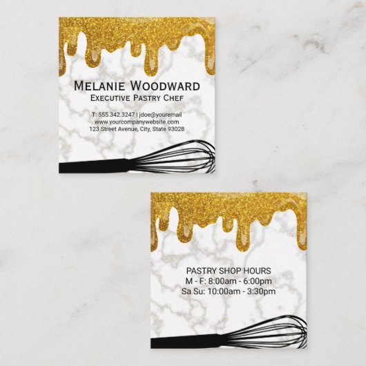 Gold Glitzer Tropfen | Weißer Marmor und Whisk Quadratische Visitenkarte (Vorne/Hinten)