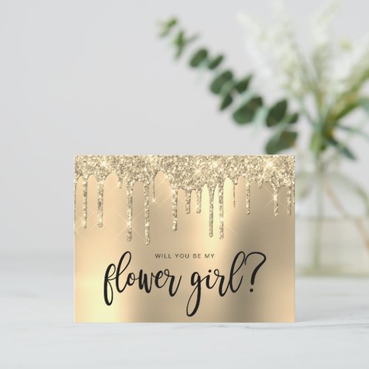 Gold Glitzer Tropfen werden Sie meine Blume Mädche Einladungspostkarte (Stehend Vorderseite)