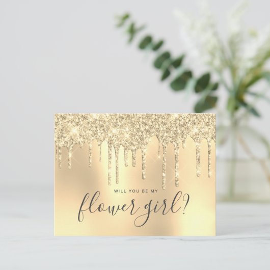 Gold Glitzer Tropfen werden Sie meine Blume Mädche Einladungspostkarte (Stehend Vorderseite)