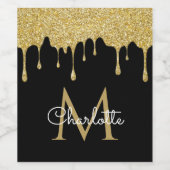 Gold Glitzer Tropfens Monogram Elegante Script Weinetikett (Einzelnes Label)