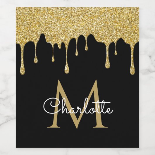 Gold Glitzer Tropfens Monogram Elegante Script Weinetikett (Einzelnes Label)