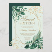 Gold Glitzer tropische grüne Wasserfarbe Süß 16 Einladung (Vorne/Hinten)