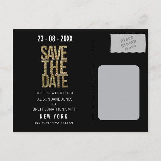 Gold Glitzer Typografie Save the Date Postkarte (Rückseite)