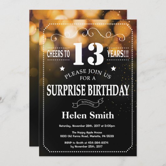 Gold Glitzer Überraschung 13. Geburtstag Einladung (Vorne/Hinten)