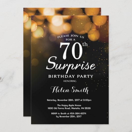 Gold Glitzer Überraschung 70. Geburtstag Einladung (Vorne/Hinten)