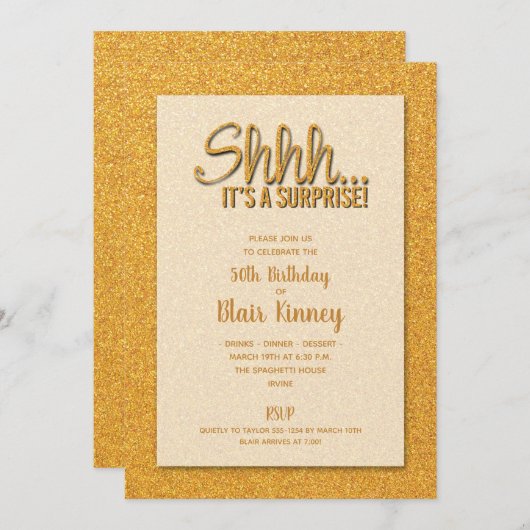 Gold Glitzer ÜBERRASCHUNG Geburtstag Einladung (Vorne/Hinten)