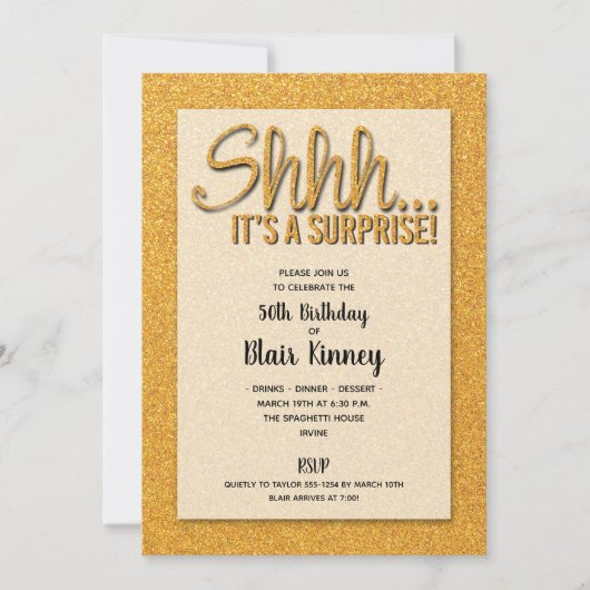 Gold Glitzer ÜBERRASCHUNG Geburtstagseinladungen (Vorderseite)