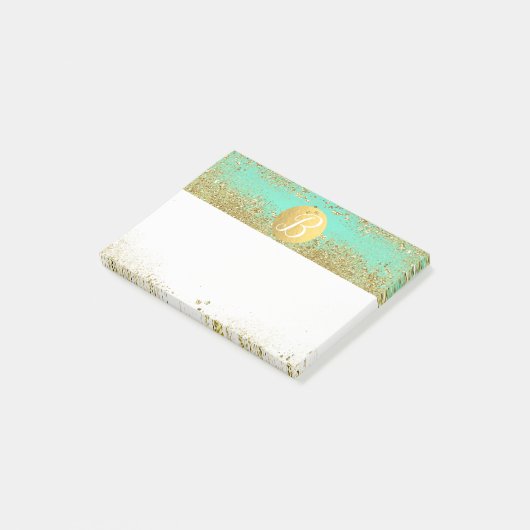 Gold Glitzer und Aquamarines Aqua Glam Custom Mono Post-it Klebezettel (angewinkelt)